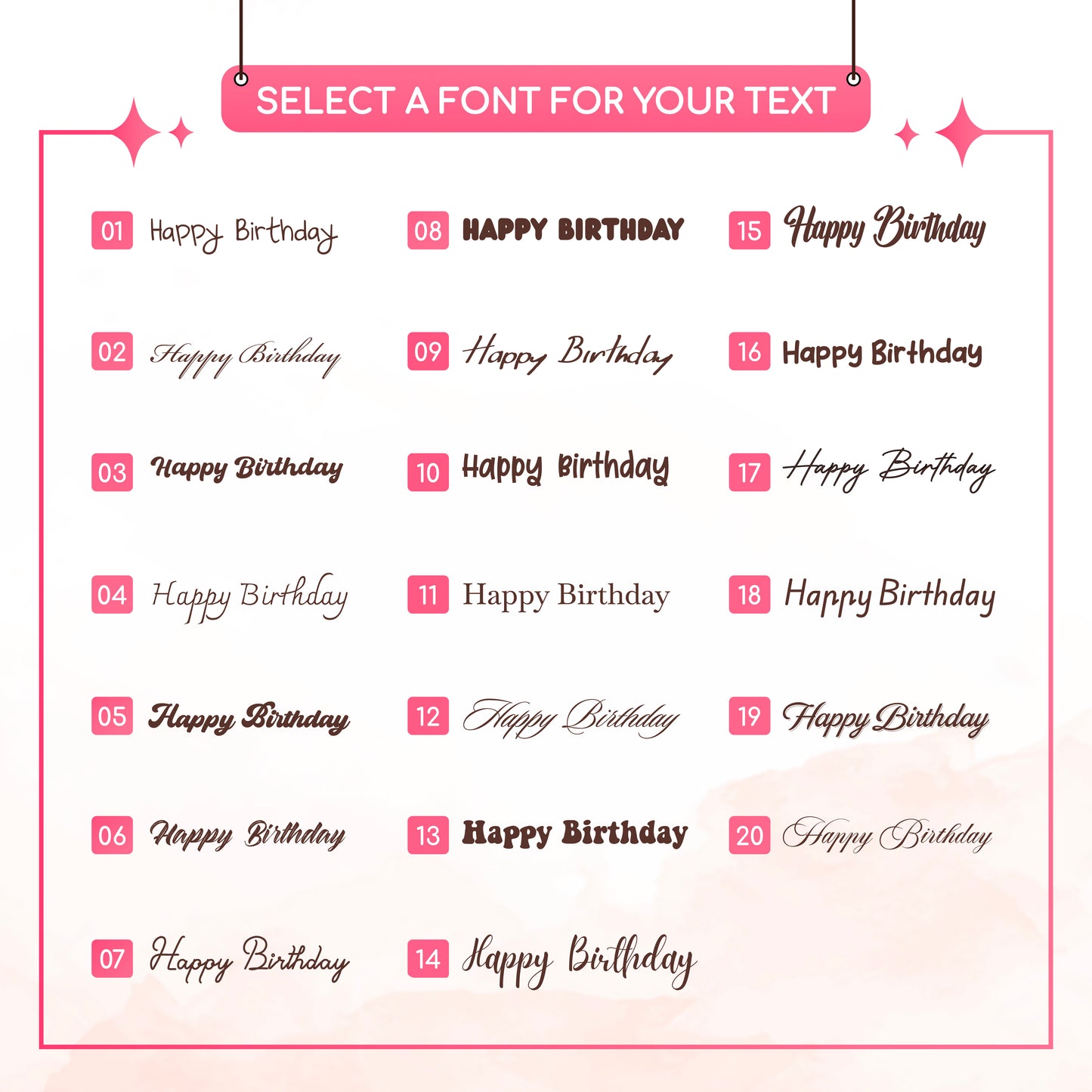 Guide displaying 20 font styles for customizing text