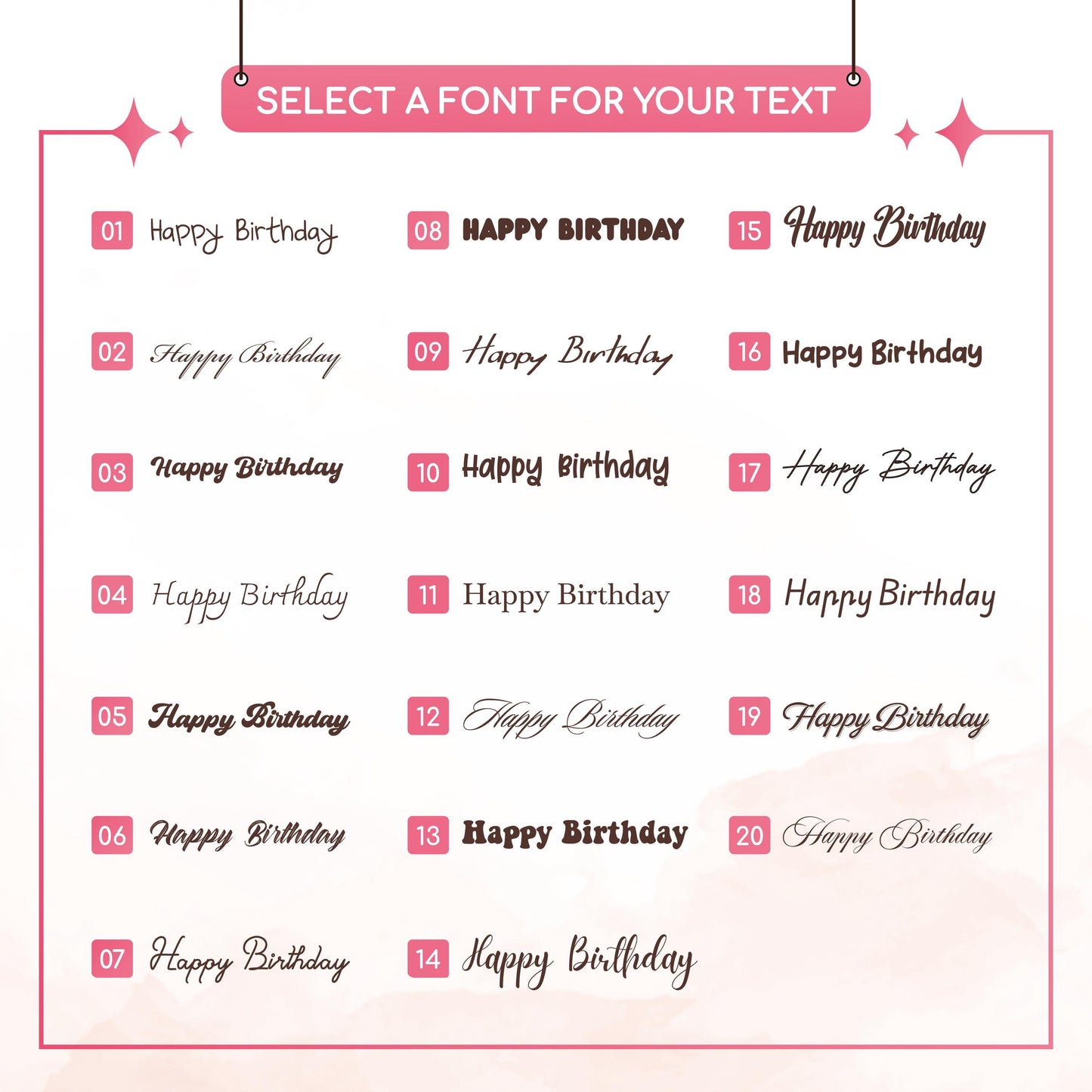 Guide displaying 20 font styles for customizing text