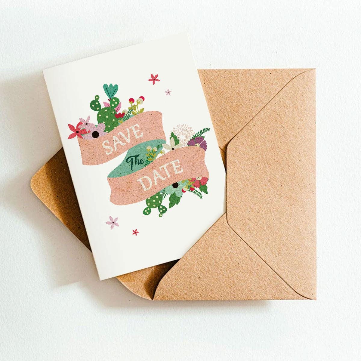 Save the Date card with cactus designs on a white background