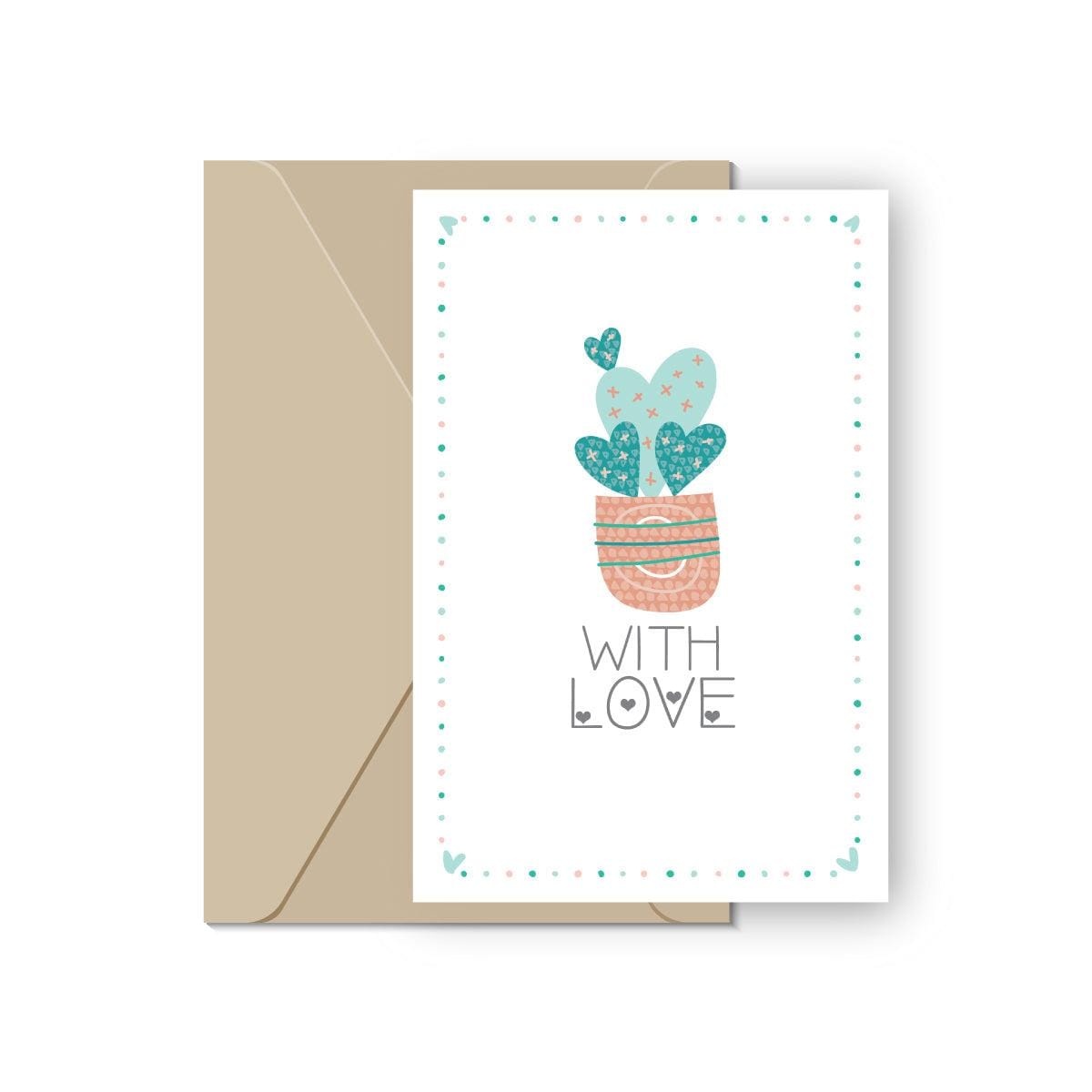 Greeting card with a cactus illustration and 'With Love' text, accompanied by a beige envelope on a white background.
