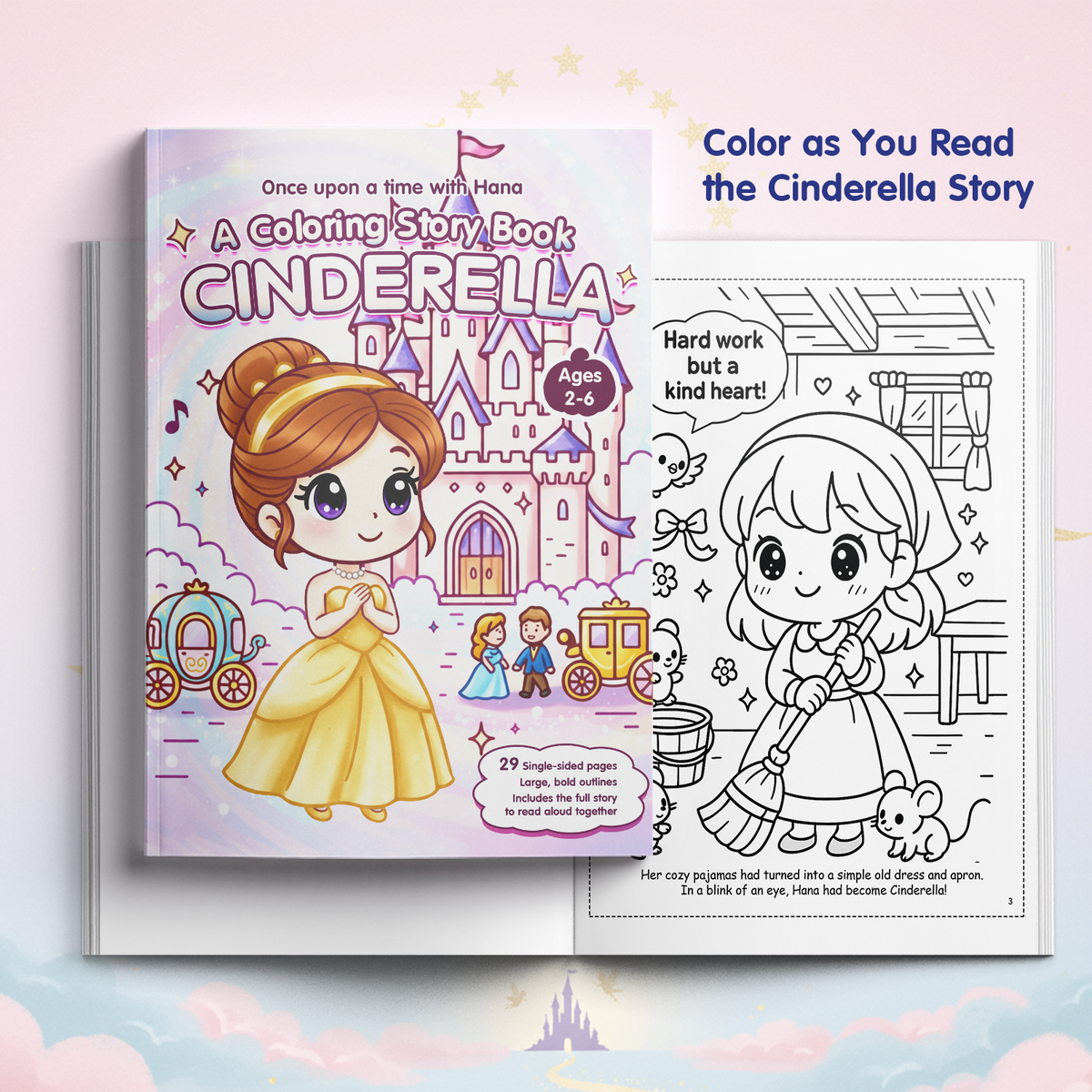 Cinderella coloring and storytime book for kids ages 2–6, showing a pastel fairy tale book cover and an interior black and white coloring page with a sweet princess illustration and simple story text