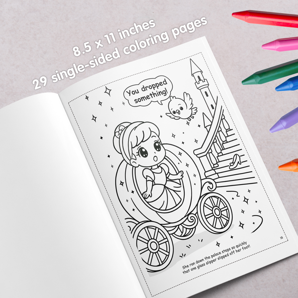 Cinderella coloring book interior page for kids, 8.5 x 11 inches, featuring a simple black and white fairy tale illustration with large outlines, part of a 29 single-sided coloring page book