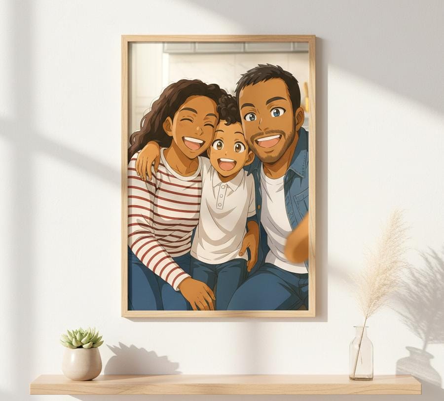 Framed illustration of a family on a wall with decorative elements below.
