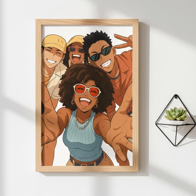 Framed illustration of four people posing together on a white wall.