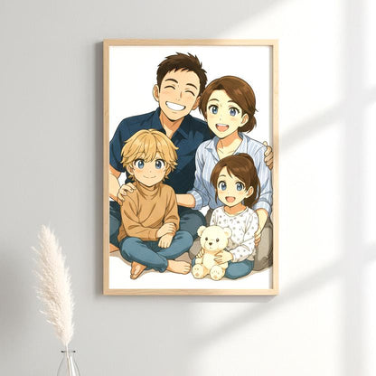 Framed illustration of a family with two children on a white wall.