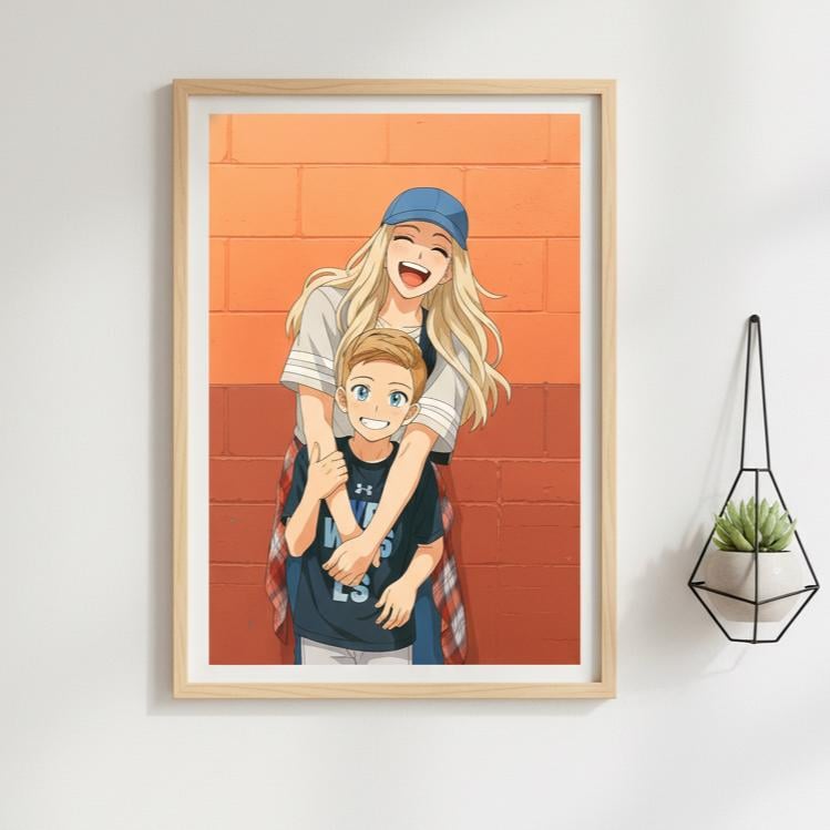 Framed illustration of two children against an orange brick wall on a white wall.