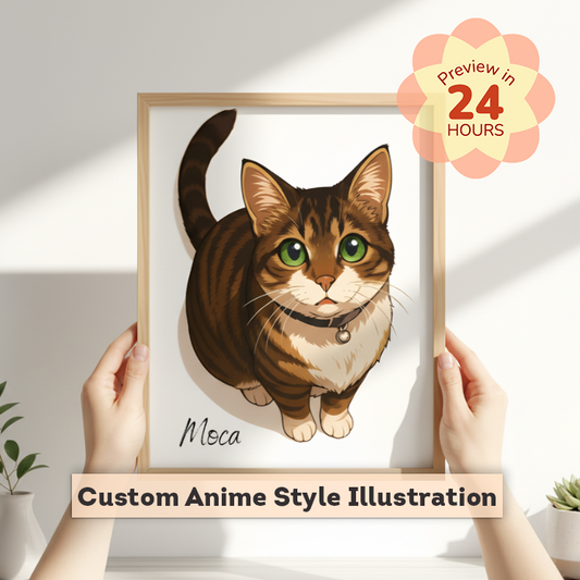 Framed illustration of a cat named Moca with a 'Preview in 24 Hours' badge.