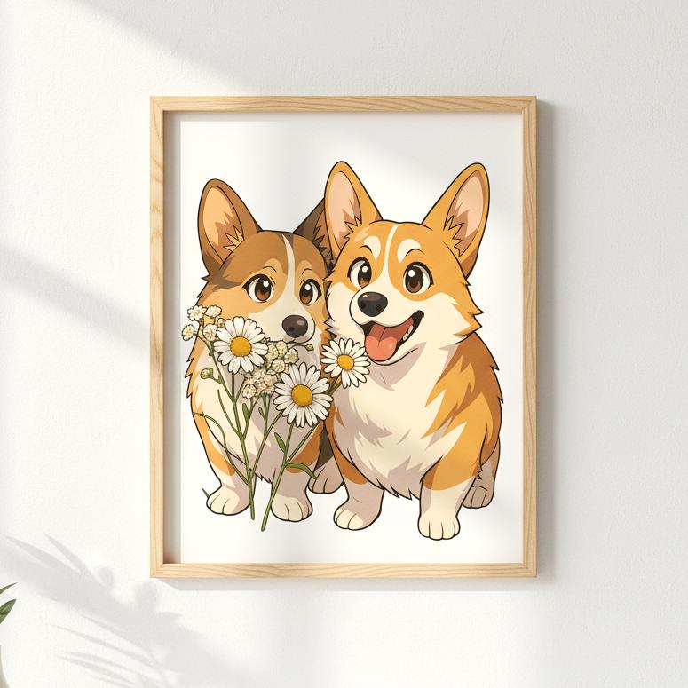 Framed artwork of two corgis holding flowers on a white background