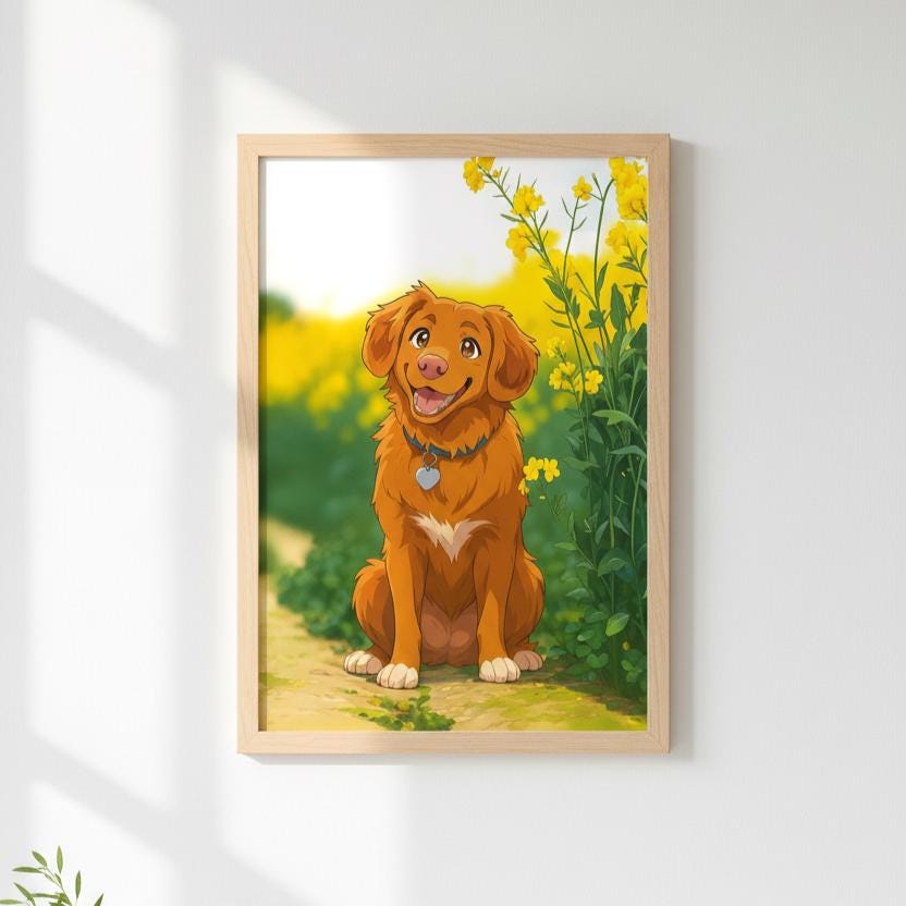 Framed artwork of a brown dog sitting in a field with yellow flowers on a white wall.