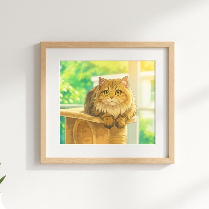 Framed artwork of a cat on a scratching post with a blurred green background