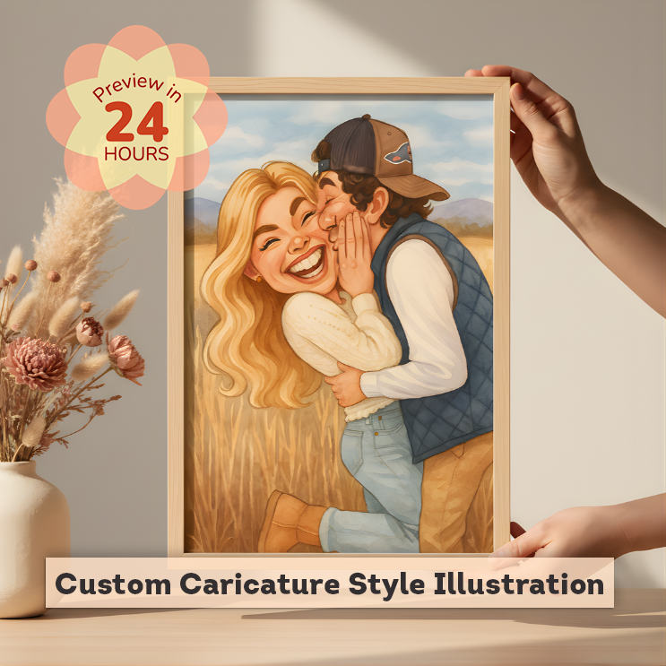 Framed illustration of a couple embracing, with text about a custom caricature style illustration and a preview in 24 hours.