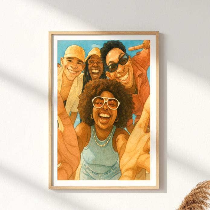 Framed artwork of four people posing together on a white wall.
