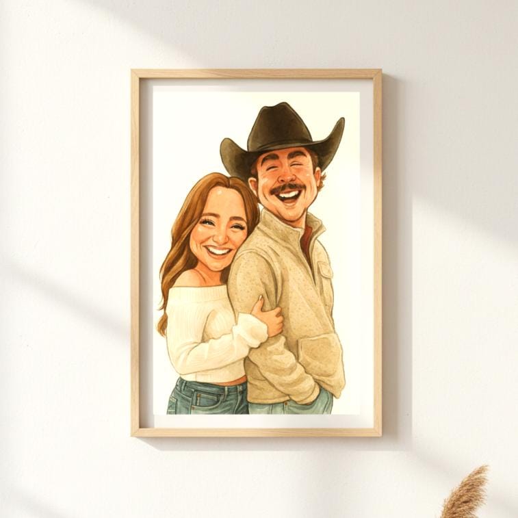Framed illustration of a couple, with a man in a cowboy hat, on a white wall.