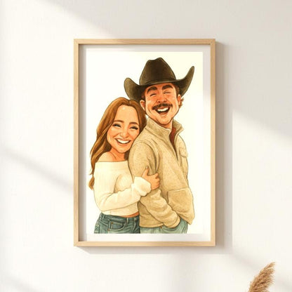 Framed illustration of a couple, with a man in a cowboy hat, on a white wall.