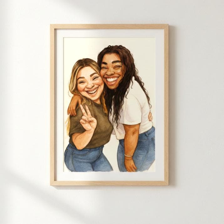 Framed illustration of two people hugging on a white wall