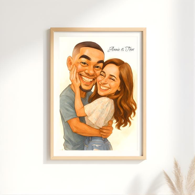 Framed illustration of a couple hugging on a white wall