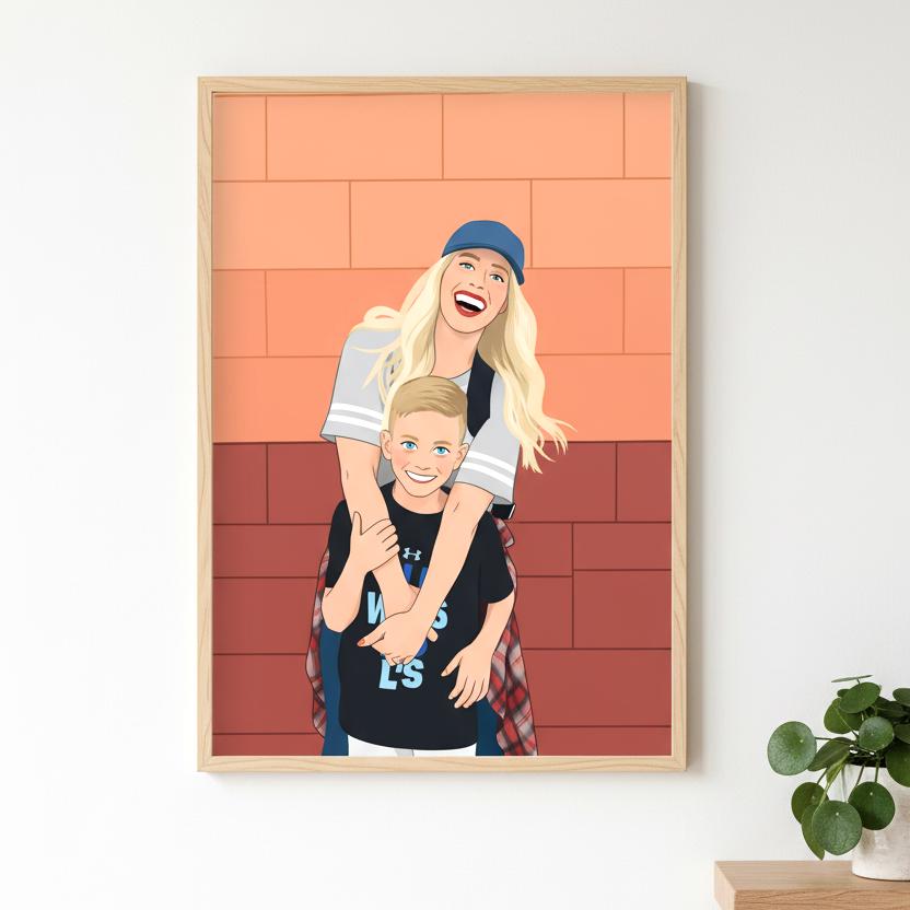 Framed artwork of a woman and child against a brick wall background