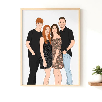 Framed illustration of four people on a white wall with a plant below.