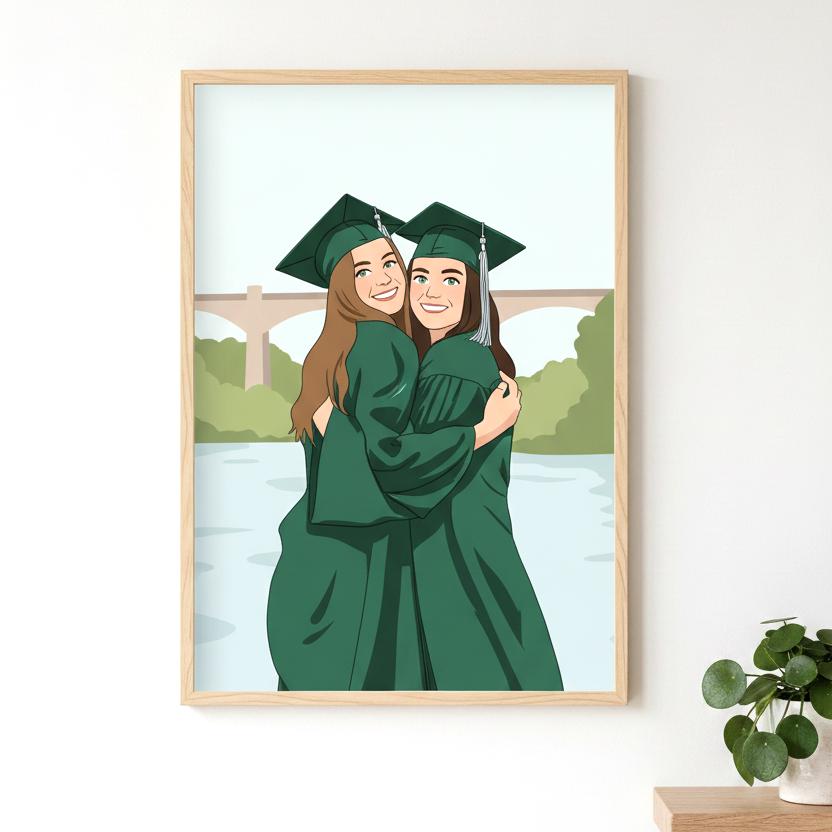 Framed illustration of two graduates hugging with a bridge and trees in the background.