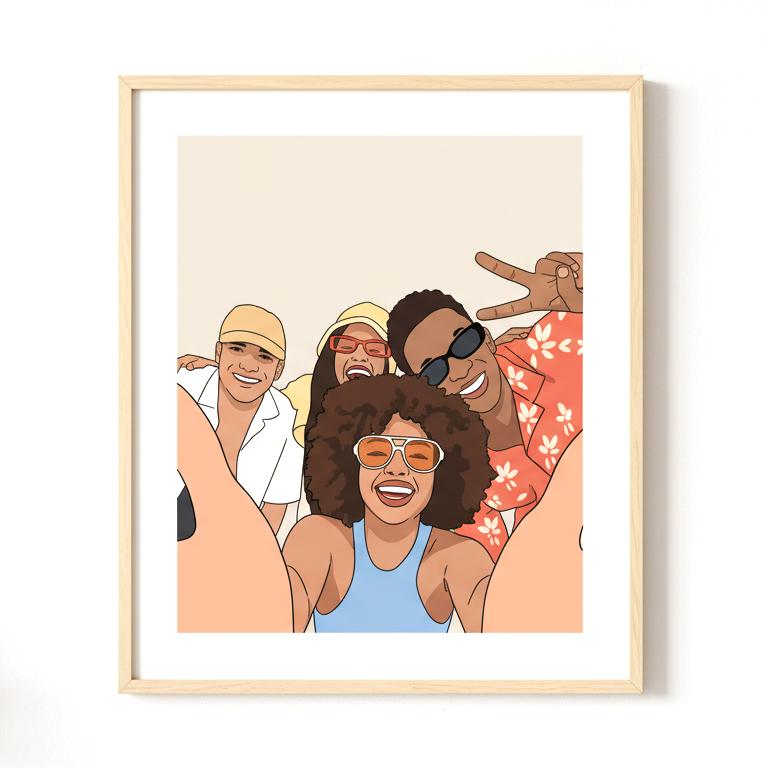 Framed artwork of four people posing together on a beige background