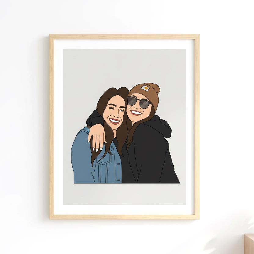 Framed illustration of two people hugging on a white background