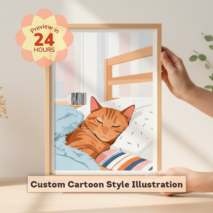 Framed cartoon-style illustration of a cat sleeping, held by a hand with a 'Preview in 24 Hours' label.