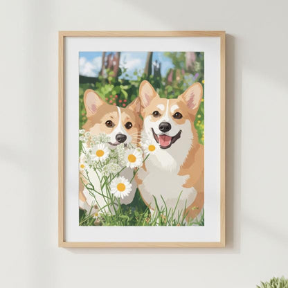 Framed artwork of two corgis with flowers on a white wall