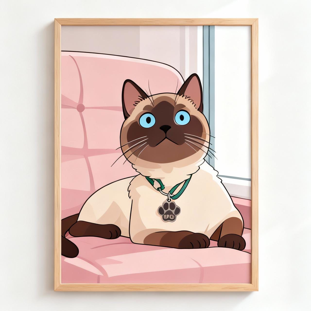 Framed artwork of a Siamese cat with blue eyes on a pink couch.