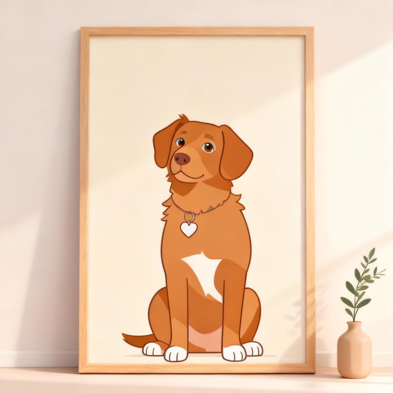 Framed illustration of a brown dog with a white patch on a beige wall.