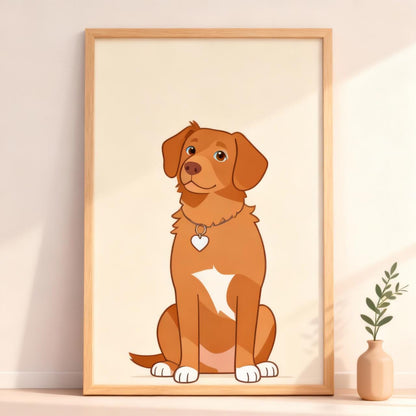 Framed illustration of a brown dog with a white patch on a beige wall.