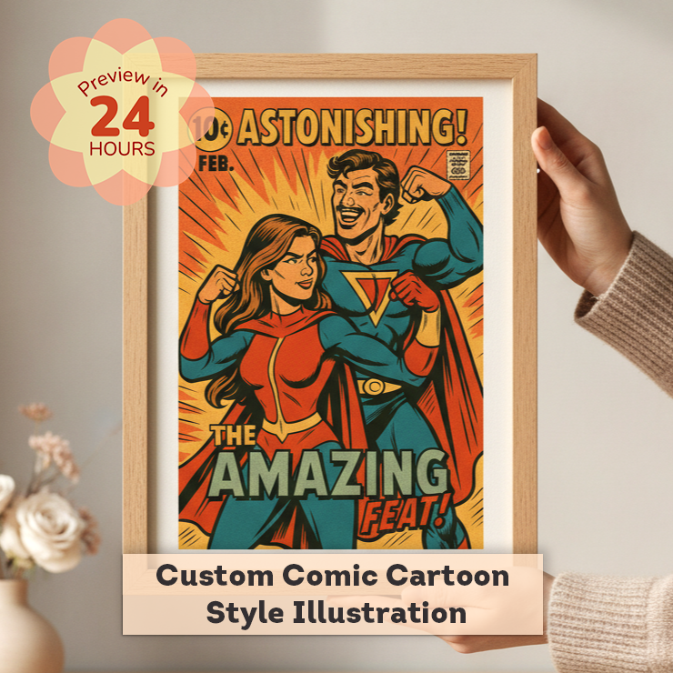 Framed illustration of a superhero couple with 'Astonishing!' text, held by a hand.