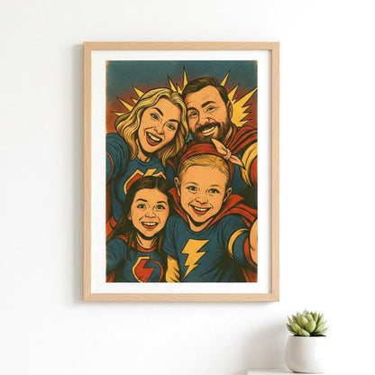 Framed artwork of a family dressed as superheroes on a white wall.