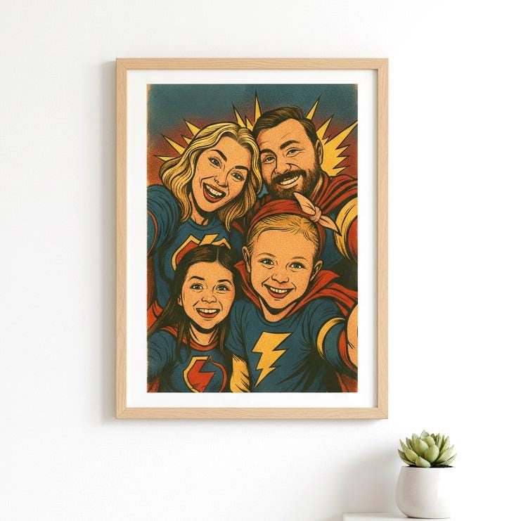 Framed artwork of a family dressed as superheroes on a white wall.