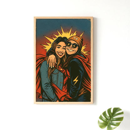 Framed artwork of a couple embracing with a sunburst background on a white wall.