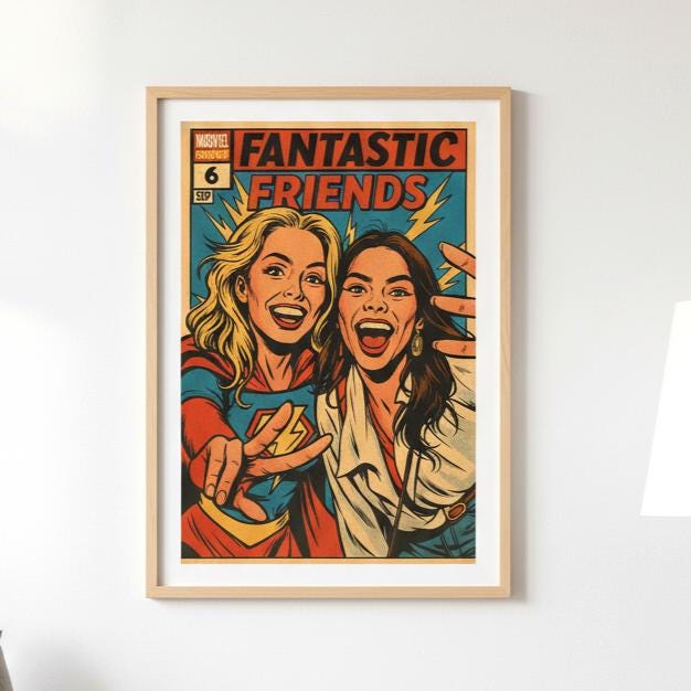 Framed comic book-style poster of two people with a superhero character, titled 'Fantastic Friends'.