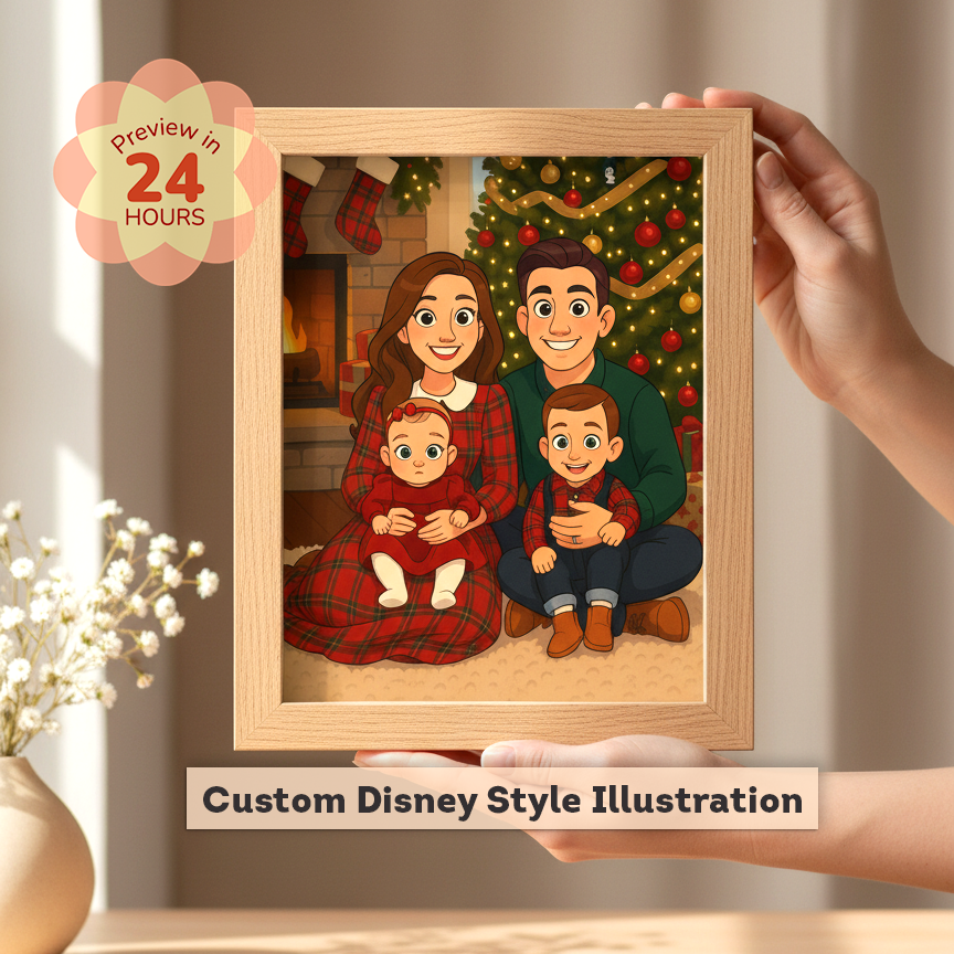 Framed illustration of a family in a festive setting with Christmas decorations.