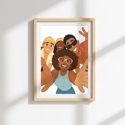 Framed illustration of four people on a white wall
