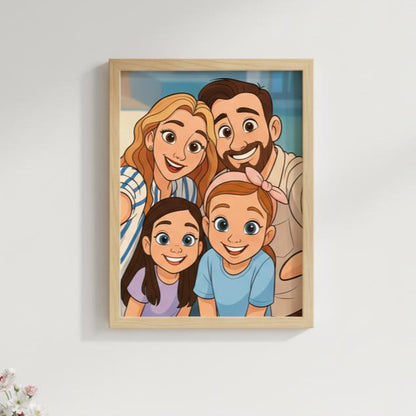 Cartoon family portrait in a wooden frame on a white wall