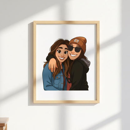 Framed illustration of two people hugging on a white wall