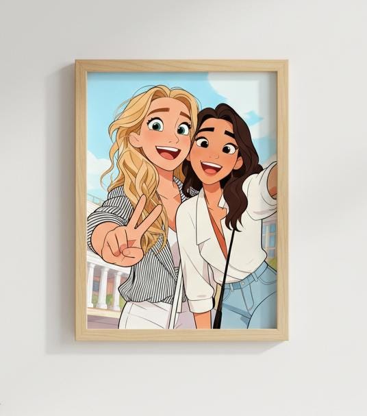 Cartoon illustration of two people taking a selfie in a wooden frame on a white wall.