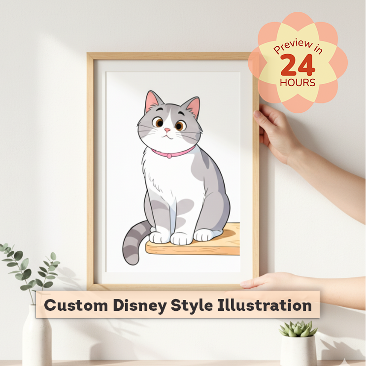 Framed illustration of a cat with a 'Custom Disney Style Illustration' label, held by a hand against a white wall.