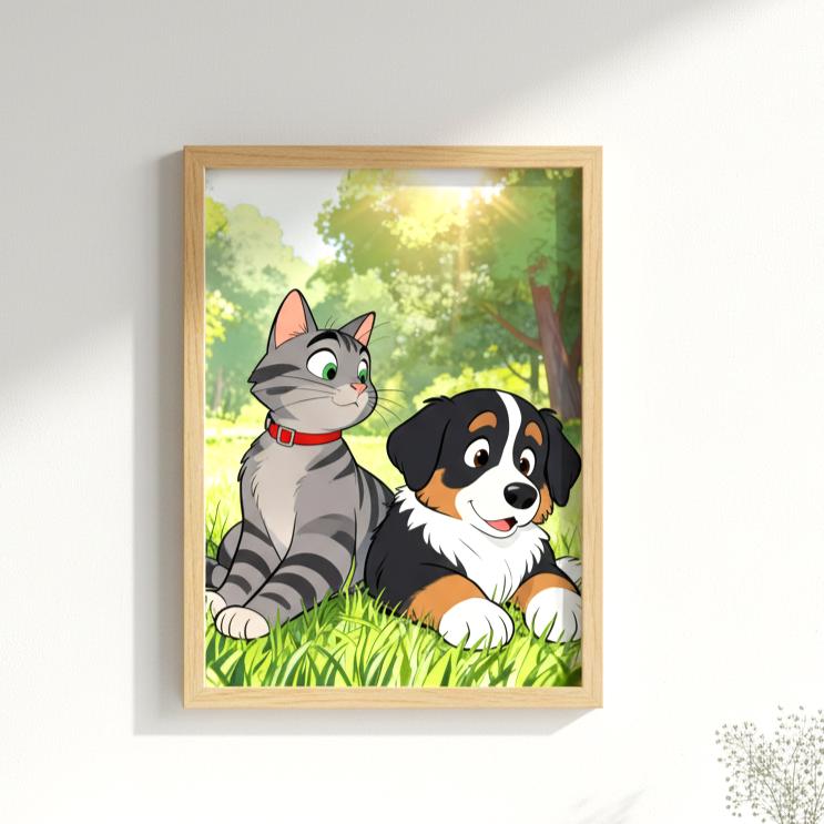 Framed artwork of a cat and dog sitting together in a grassy field with a wooden frame.