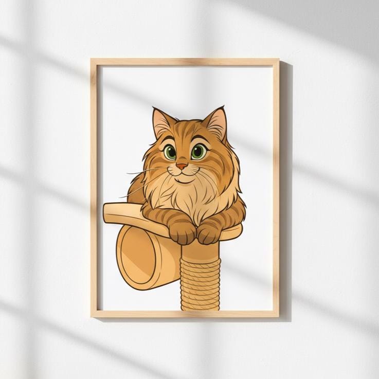 Framed illustration of a cat playing with a cardboard tube on a white wall.