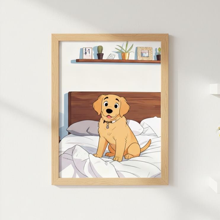 Framed artwork of a cartoon dog sitting on a bed with a wooden headboard.