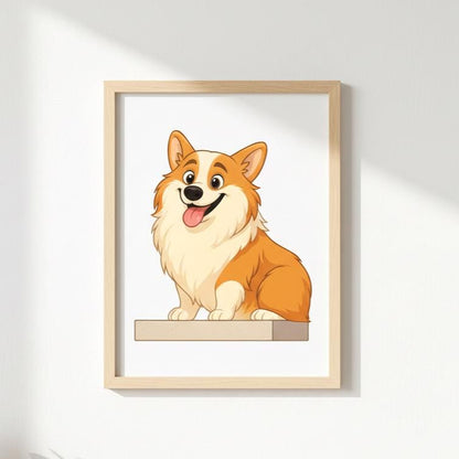 Framed illustration of a corgi dog on a white wall