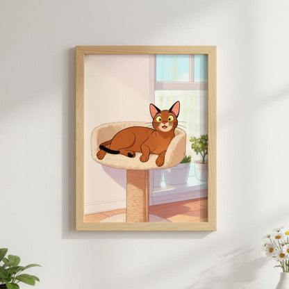 Framed illustration of a cat on a cat tree against a light background