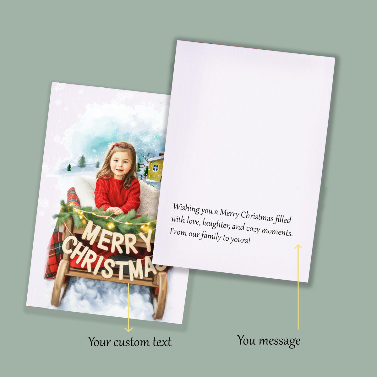 Christmas card with a child in a sled and customizable text area on a green background