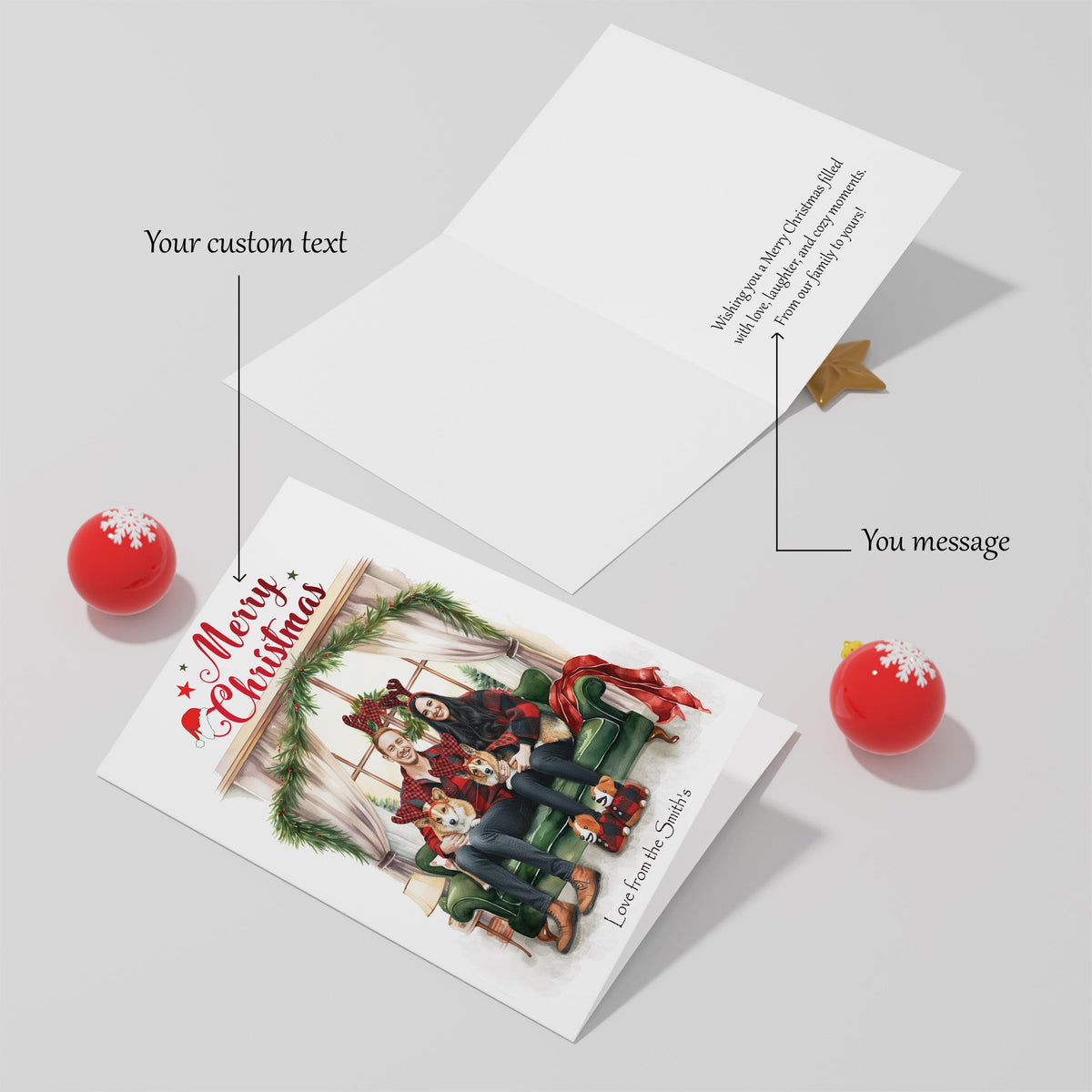 Christmas card with decorative elements on a light gray background