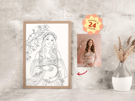 Framed coloring page of a pregnant woman with flowers on a textured wall.