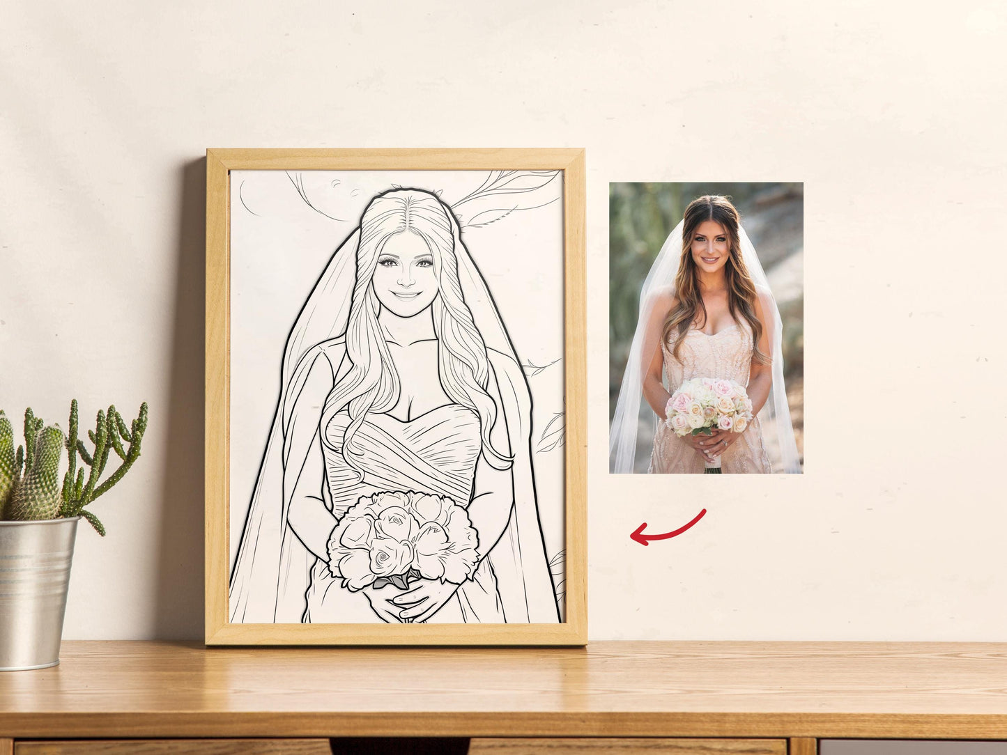 Framed line drawing of a bride next to a photo of a real bride holding flowers.